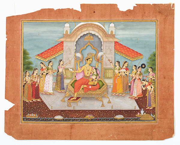 Lakta Ragini. A prince leaves his sleeping loved one that is on a yellow  bed, on the roof of her palace is a peacock. Down the show a wide  decorative edge of