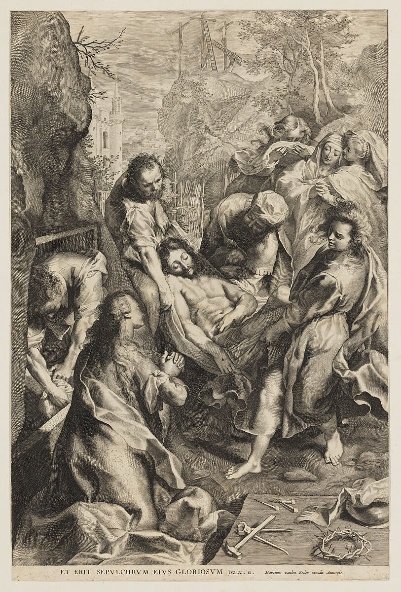 The Entombment of Christ, with the instruments of the passion in the foreground right and the three crosses in the background at top, Martinus van den Enden (Flemish, 1605–1673), Etching and engraving; reverse copy 