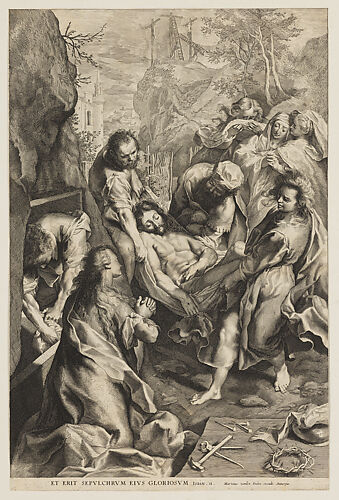 The Entombment of Christ, with the instruments of the passion in the foreground right and the three crosses in the background at top