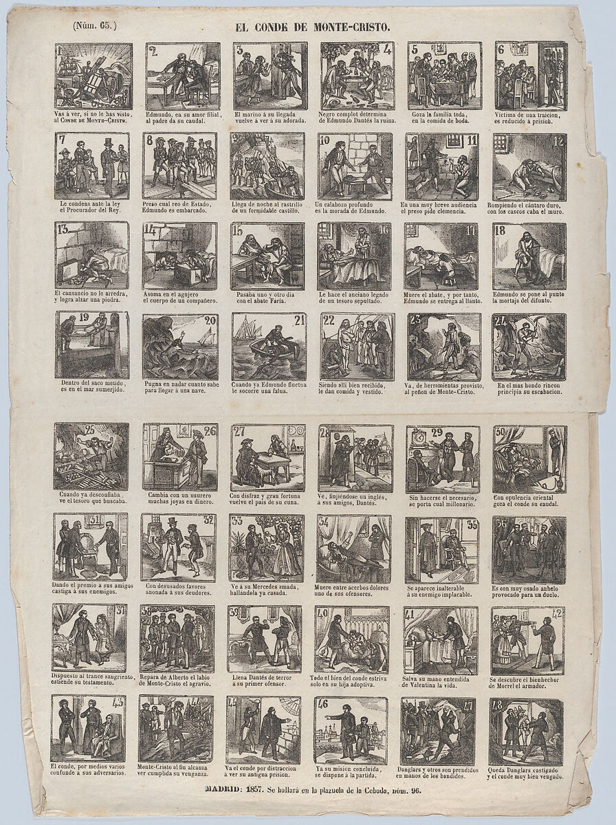 Broadside with 48 scenes relating the story of the Count on Montecristo, José María Marés (Spanish, active ca. 1850–70), Wood engraving 