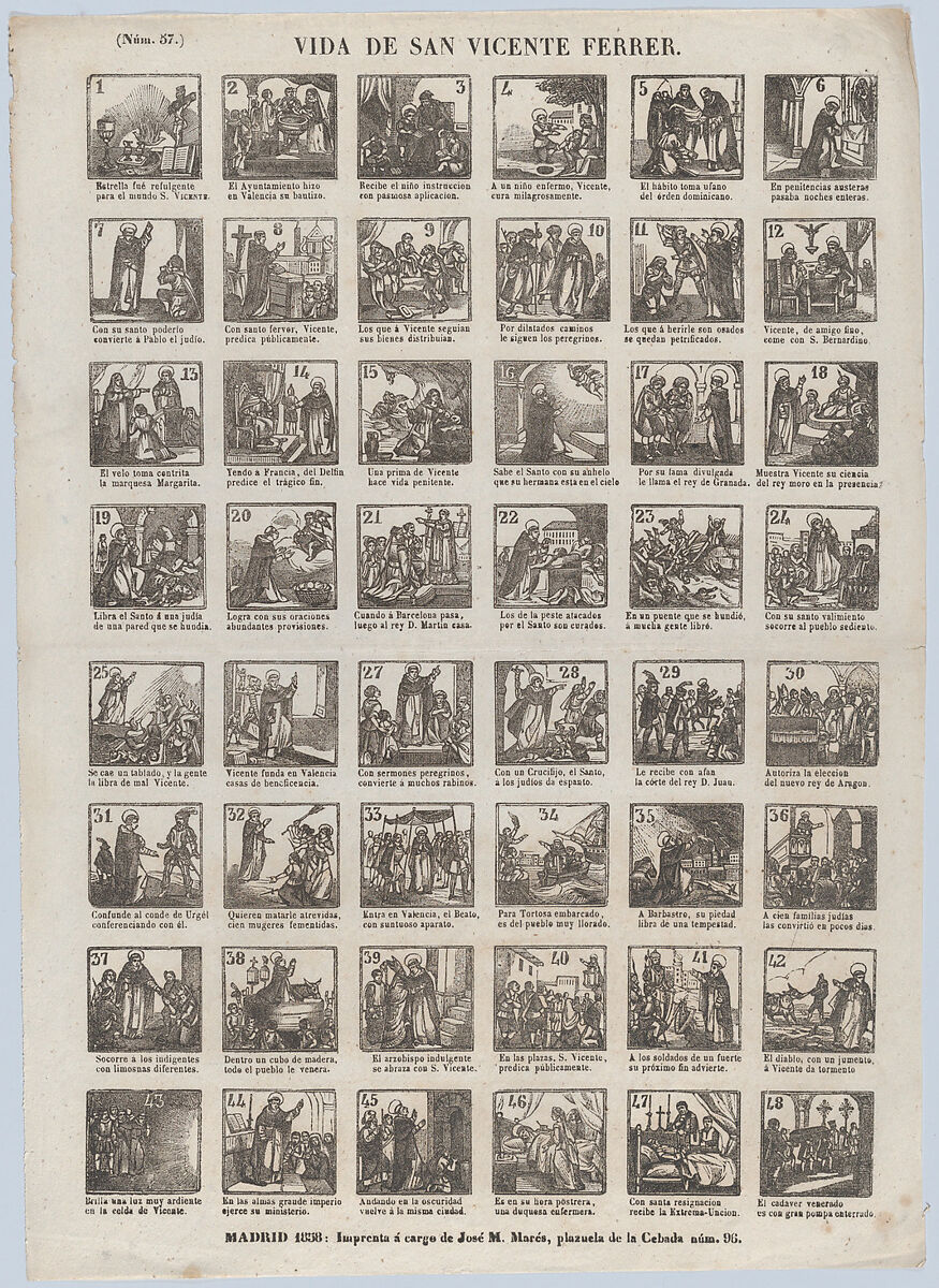 Broadside with 48 scenes relating to the life of St Vincent Ferrer, José María Marés (Spanish, active ca. 1850–70), Wood engraving 