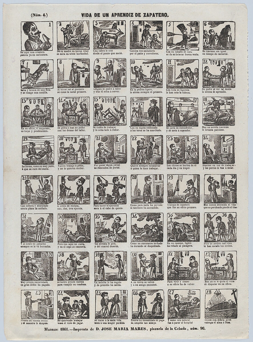 Broadside with 48 scenes relating to the life of a shoemaker's apprentice, José María Marés (Spanish, active ca. 1850–70), Wood engraving 