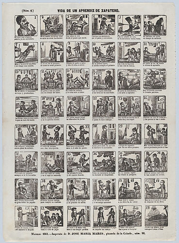 Broadside with 48 scenes relating to the life of a shoemaker's apprentice