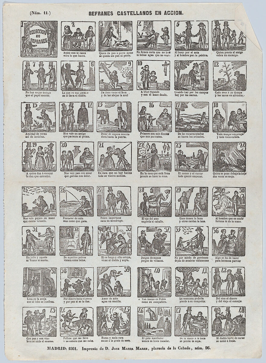 Broadside with 48 scenes depicting Spanish refrains (colloquial sayings) in action, José María Marés (Spanish, active ca. 1850–70), Wood engraving 