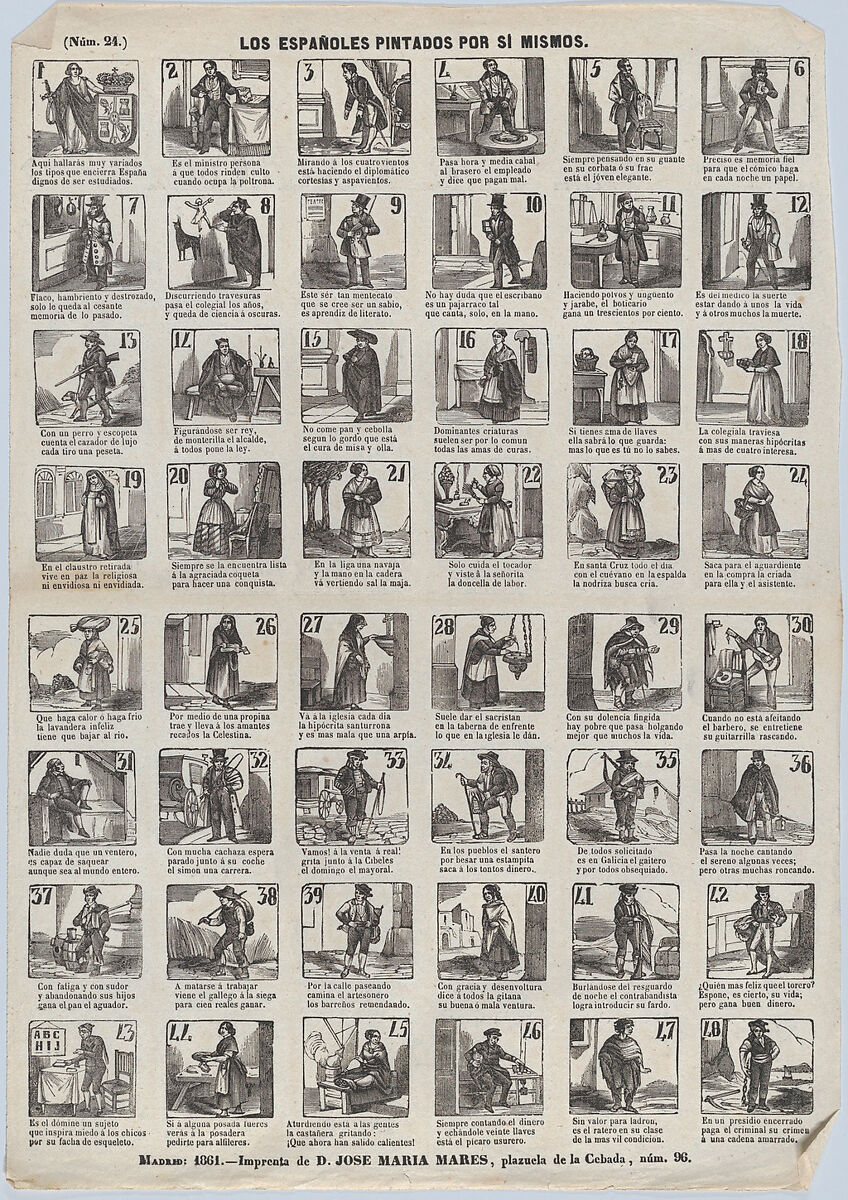 Broadside with 48 scenes depicting the life of a servant girl, José María Marés (Spanish, active ca. 1850–70), Wood engraving 