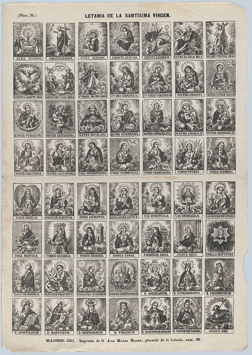 Broadside with 48 scenes relating to the litany of Holy Virgin, José María Marés (Spanish, active ca. 1850–70), Wood engraving 