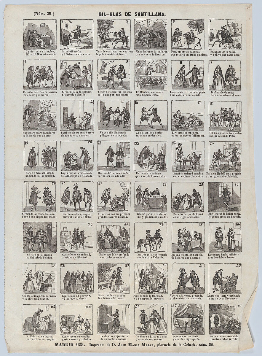 Broadside with 48 scenes showing the adventures of Gil-Blas de Santillana, José María Marés (Spanish, active ca. 1850–70), Woodcut 