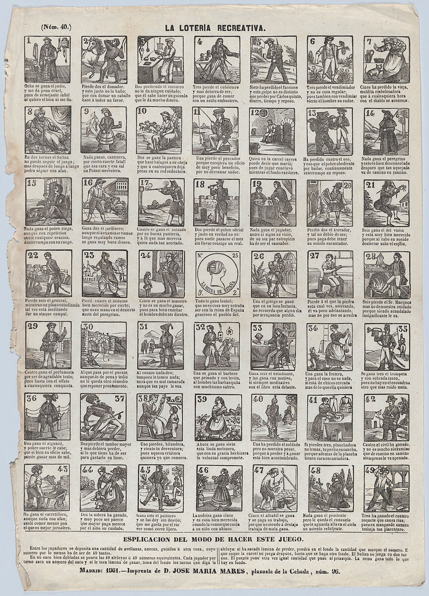 Broadside with 48 scenes for a game of recreational lottery, José María Marés (Spanish, active ca. 1850–70), Woodcut 