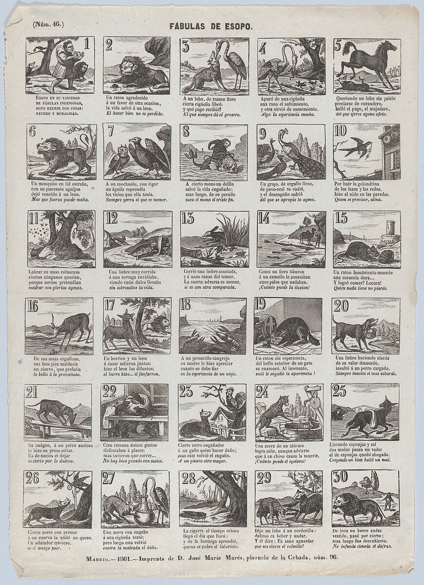 Broadside with 30 scenes depicting Aesops fables, José María Marés (Spanish, active ca. 1850–70), Wood engraving 