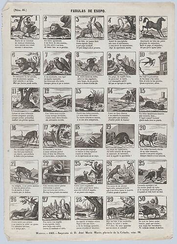 Broadside with 30 scenes depicting Aesops fables