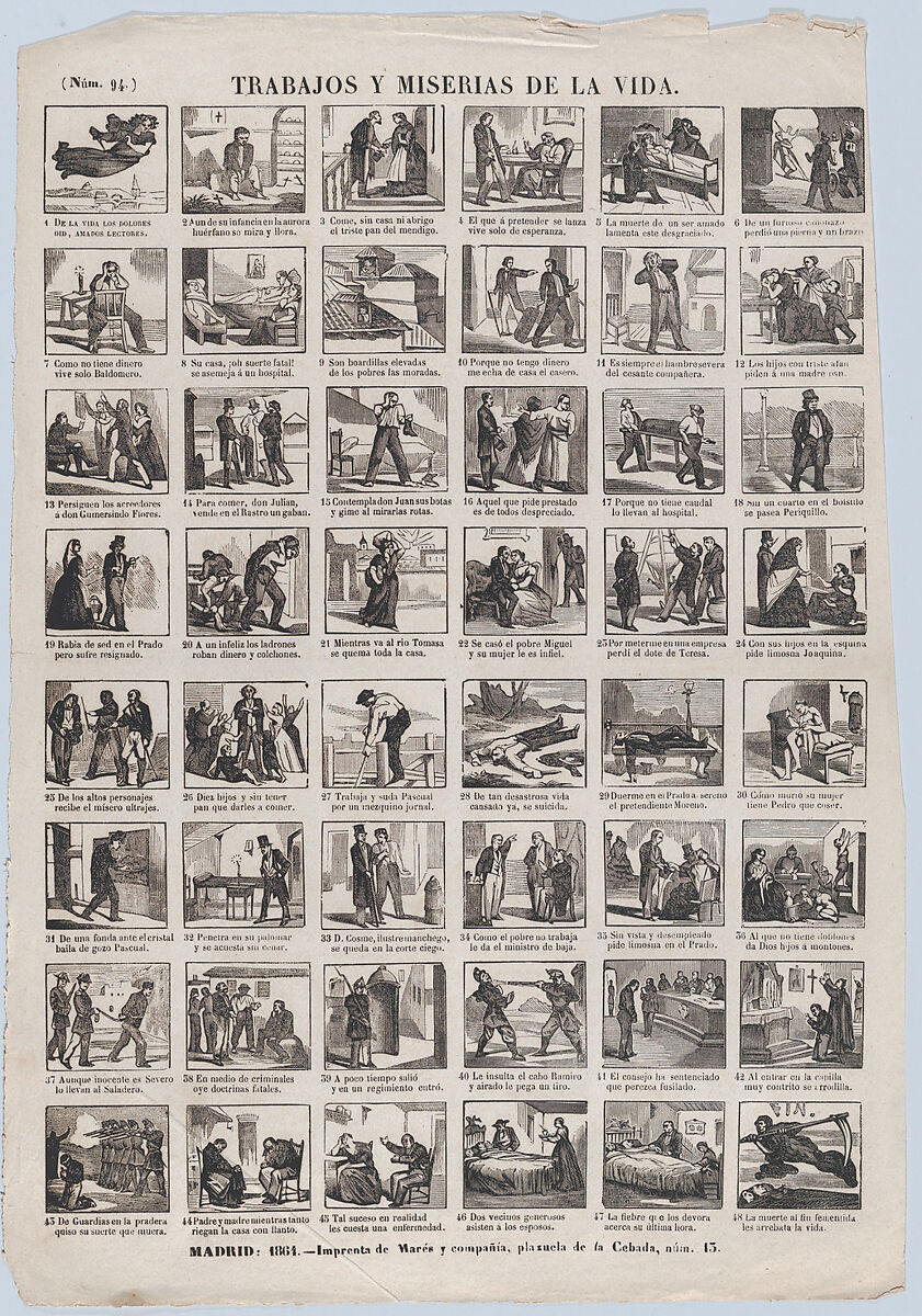 Broadside with 48 scenes depicting the trials and tribulations of life, José María Marés (Spanish, active ca. 1850–70), Wood engraving 