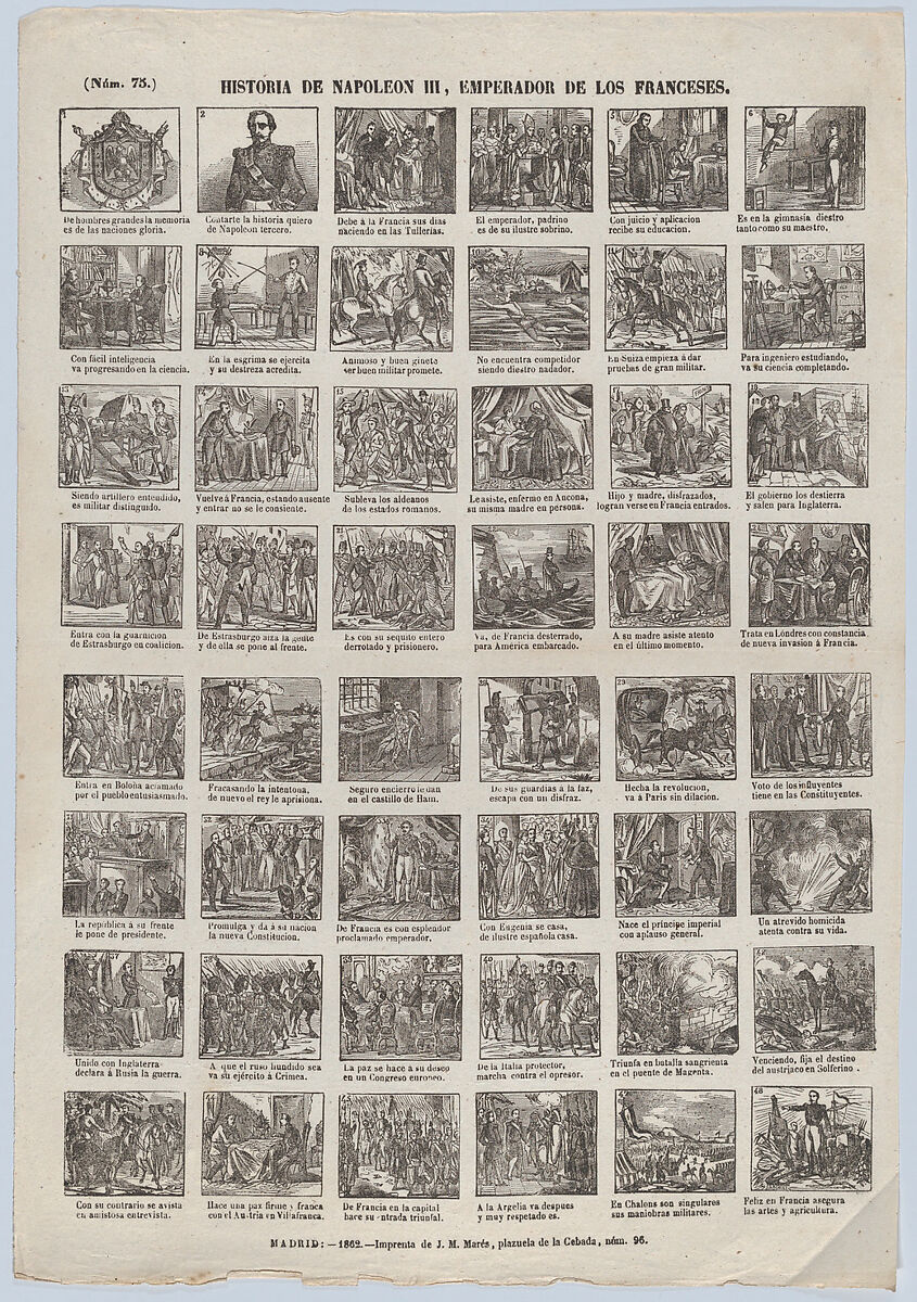 Broadside with 48 scenes depicting episodes from the life of Napoleon II, José María Marés (Spanish, active ca. 1850–70), Wood engraving 
