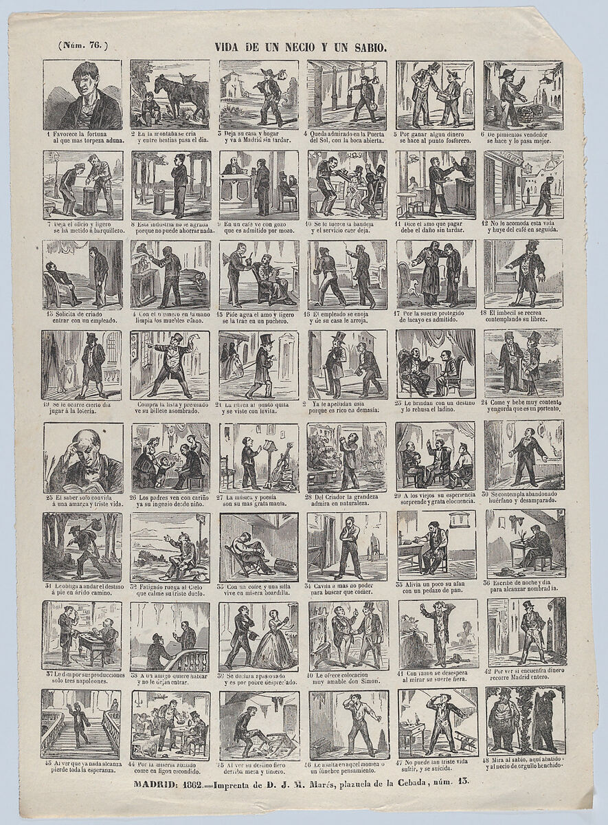 Broadside with 48 scenes depicting scenes from the life of a fool and wise man, José María Marés (Spanish, active ca. 1850–70), Wood engraving 