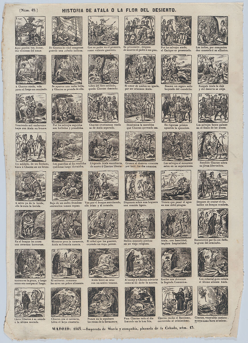 Broadside with 48 scenes depicting the story of Atal or the Flower of the Desert, José María Marés (Spanish, active ca. 1850–70), Wood engraving 