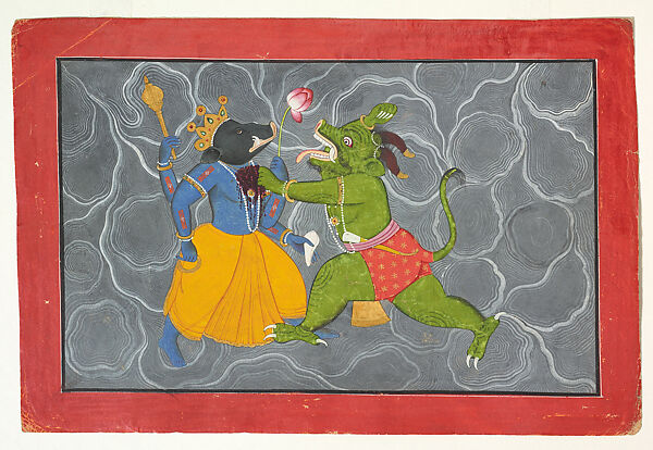 Varaha and Hiranyaksha: Folio from a Bhagavata Purana Series, Attributed to Manaku (Indian, active ca. 1725–60), Opaque watercolor on paper, India (Guler, Himachal Pradesh) 