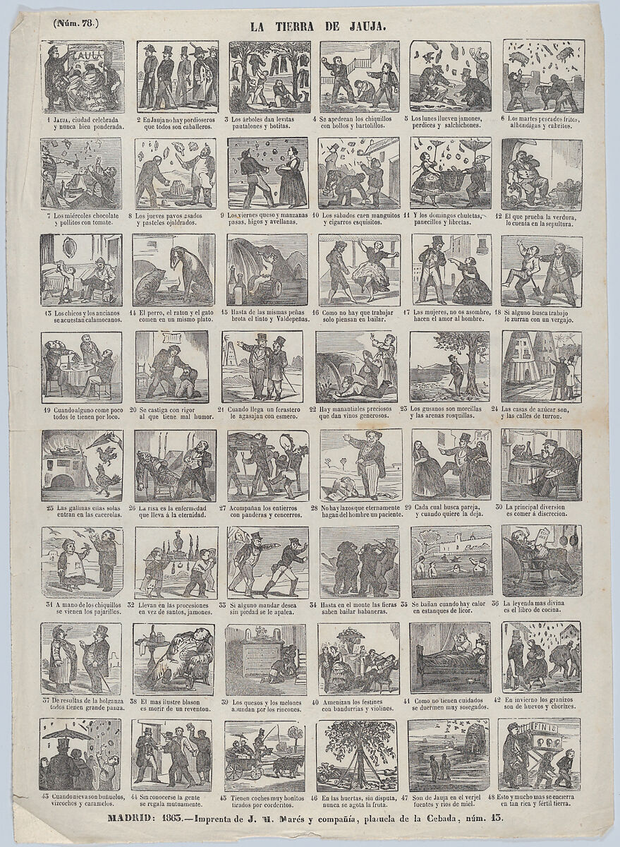 Broadside with 48 scenes depicting the land of Jauja, José María Marés (Spanish, active ca. 1850–70), Wood engraving 