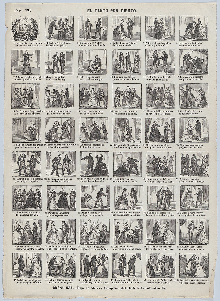 Broadside with 48 scenes relating to the comedy 'El Tanto por Ciento', José María Marés (Spanish, active ca. 1850–70), Wood engraving 