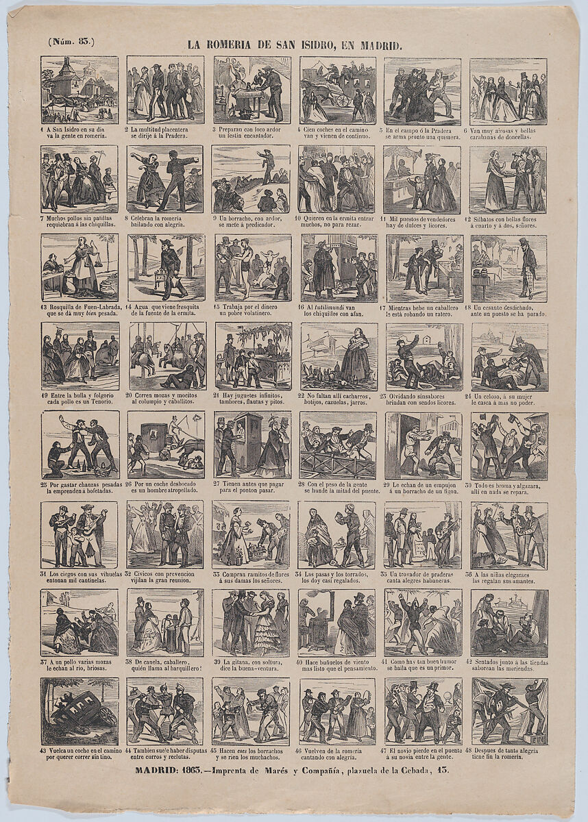 Broadside with 48 scenes relating to the pilgrimage of San Isidro, José María Marés (Spanish, active ca. 1850–70), Wood engraving 