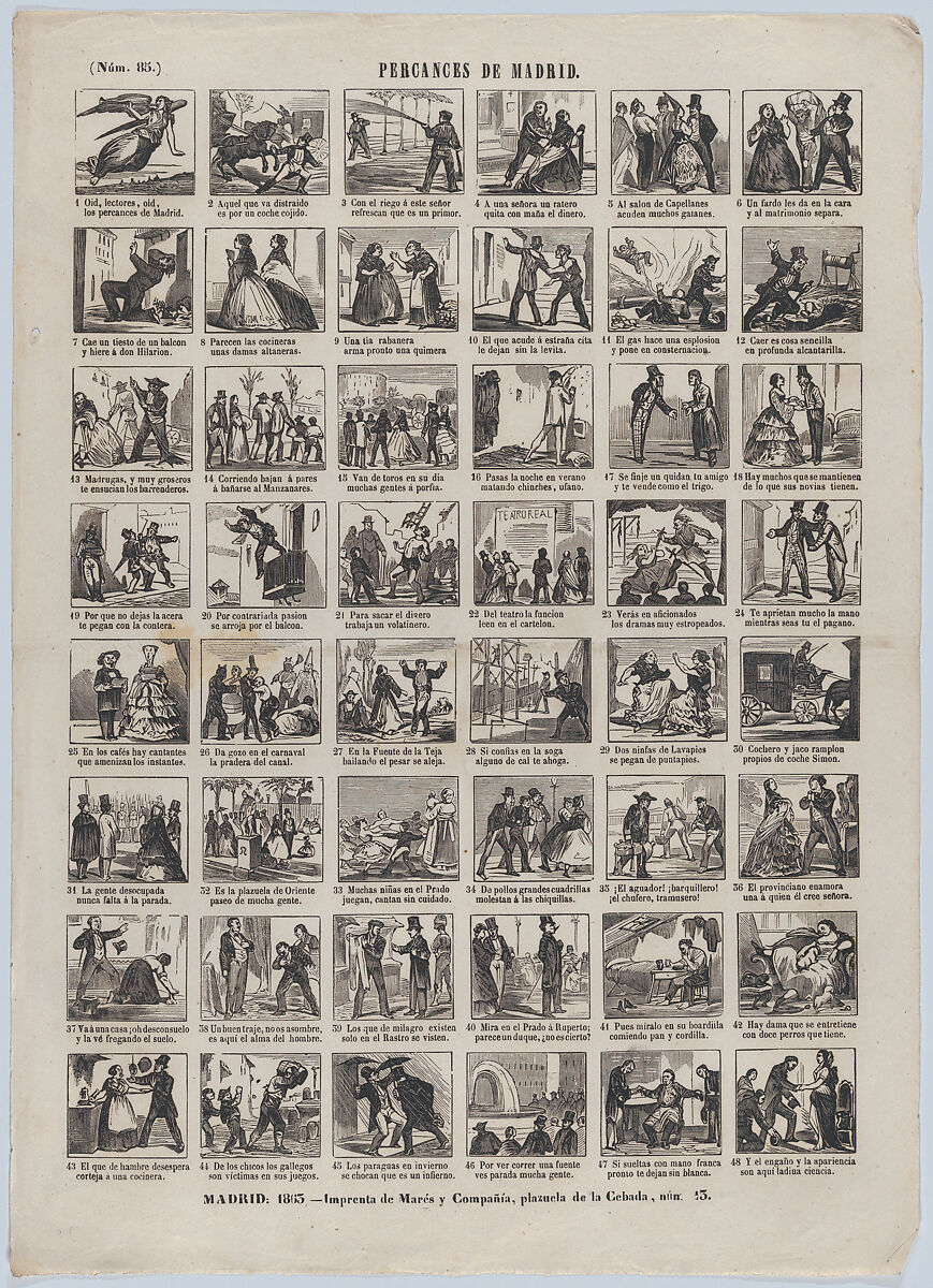 Broadside with 48 scenes depicting the mishaps in/of Madrid, José María Marés (Spanish, active ca. 1850–70), Wood engraving 
