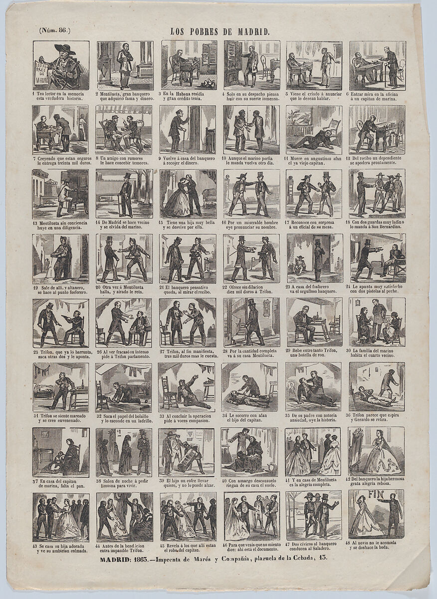 Broadside with 48 scenes relating to the poor people of Madrid, José María Marés (Spanish, active ca. 1850–70), Wood engraving 