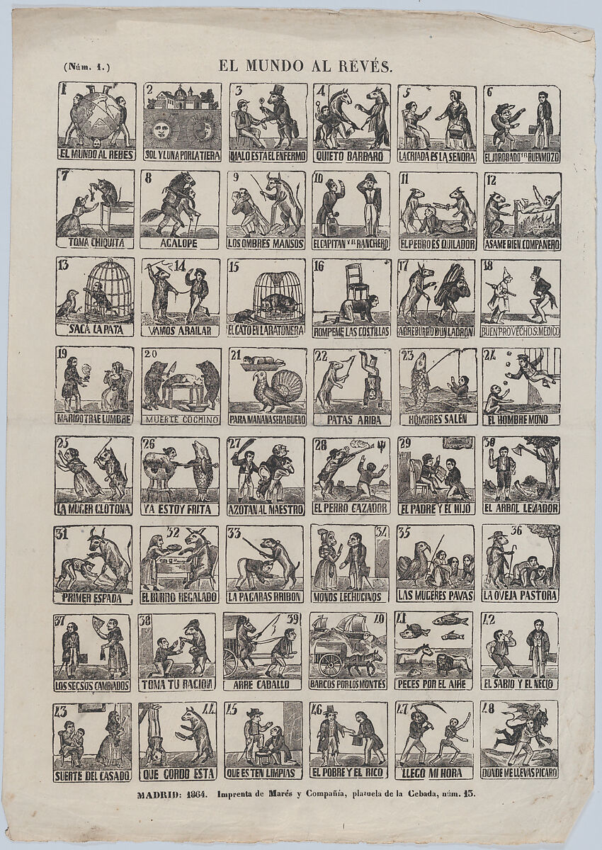 Broadside with 48 scenes relating to the world upside down, José María Marés (Spanish, active ca. 1850–70), Wood engraving 