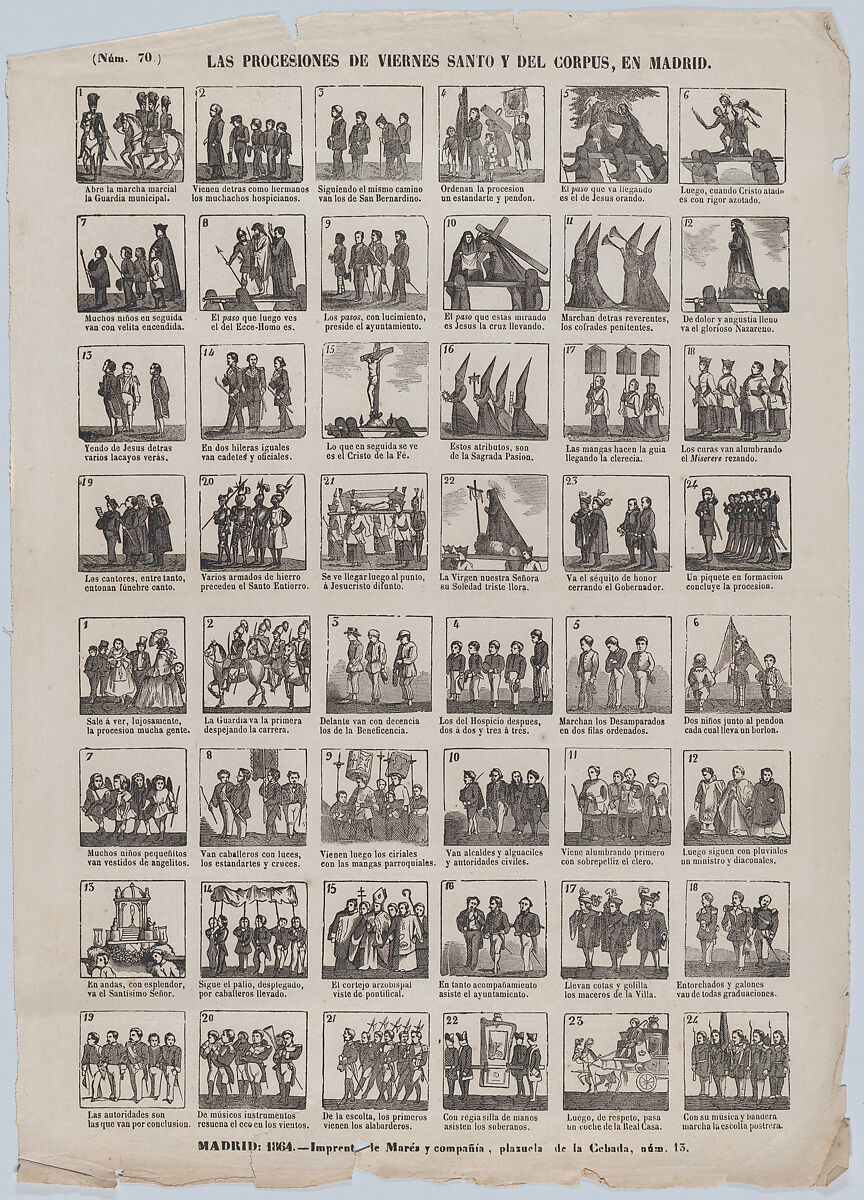 Broadside with 48 scenes showing the holy Friday procession in Madrid, José María Marés (Spanish, active ca. 1850–70), Wood engraving 