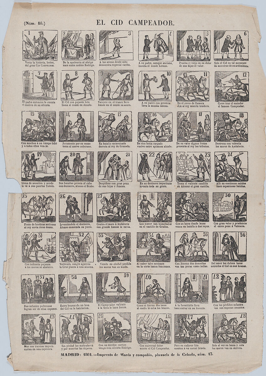 Broadside with 48 scenes depicting the adventures of the warrior El Cid Campeador, José María Marés (Spanish, active ca. 1850–70), Wood engraving 