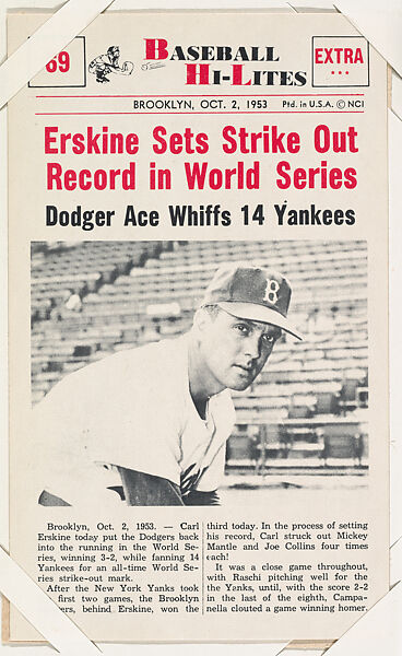 Carl Erskine #39 from Nu-Card Baseball Hi-Lites series (W460), Nu-Card, Inc., Commercial photolithograph 