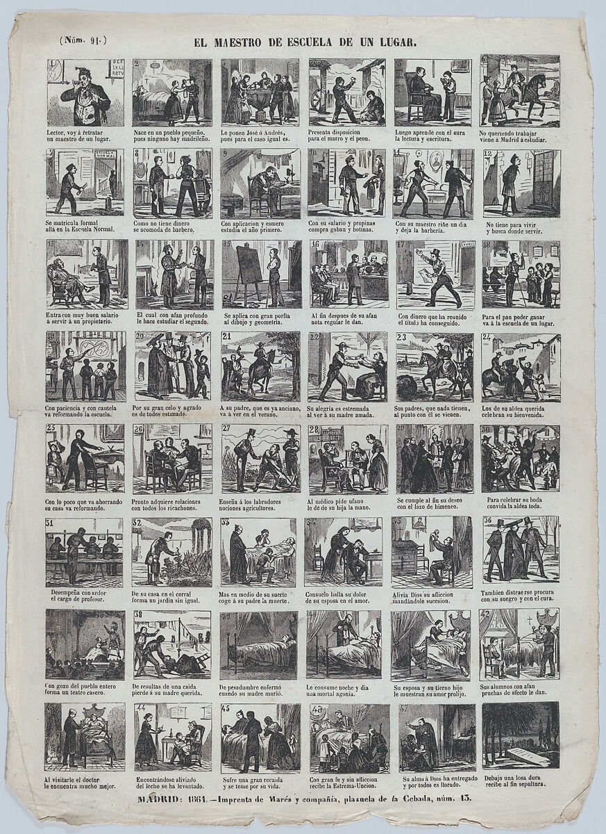 Broadside with 48 scenes depicting the experiences of a schoolteacher in an unknown small town ('de un lugar'), José María Marés (Spanish, active ca. 1850–70), Wood engraving 