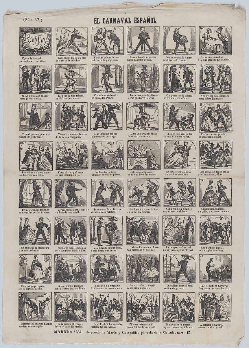 Broadside with 48 scenes depicting carnival in Spain, José María Marés (Spanish, active ca. 1850–70), Wood engraving 