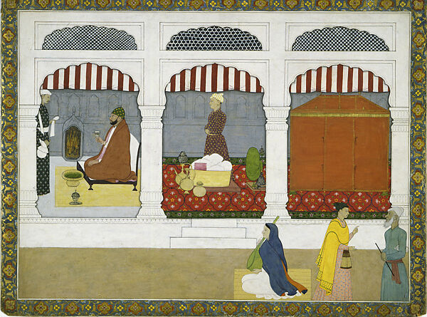 Raja Balwant Singh at Ease In His Private Quarters, Seated at His Fireplace, Attributed to Nainsukh (active ca. 1735–78), Opaque watercolor on paper, India (Guler, Punjab Hills) 