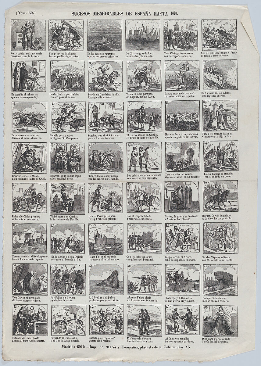 Broadside with 48 scenes depicting memorable events in Spain until 1840, José María Marés (Spanish, active ca. 1850–70), Wood engraving 