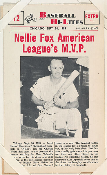 Nellie Fox #72 from Nu-Card Baseball Hi-Lites series (W460), Nu-Card, Inc., Commercial photolithograph 