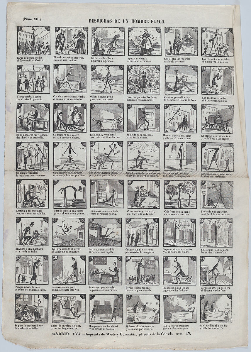 Broadside with 48 scenes depicting the misfortunes of a skinny man, José María Marés (Spanish, active ca. 1850–70), Wood engraving 