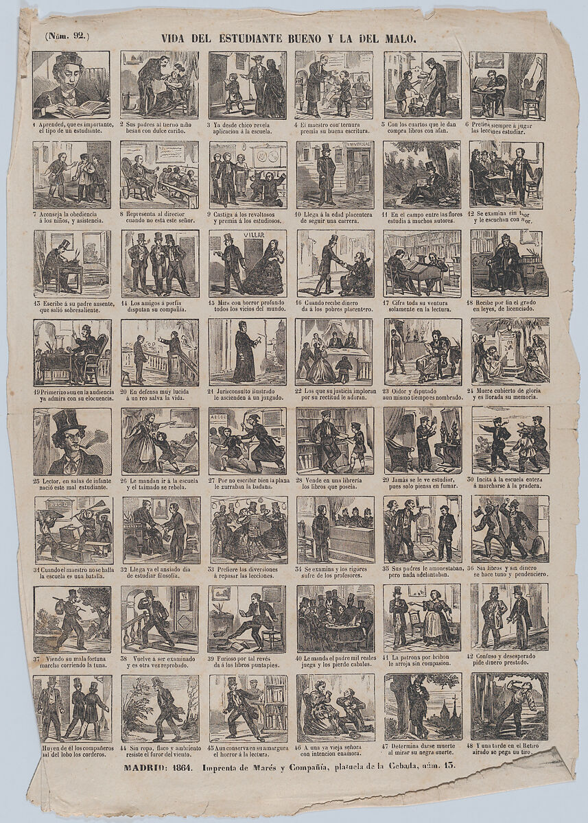 Broadside with 48 scenes relating to the lives of the good student and the bad student, José María Marés (Spanish, active ca. 1850–70), Wood engraving 