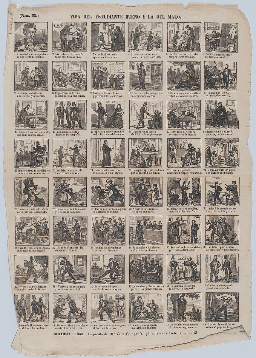 José María Marés | Broadside with 48 scenes relating to the lives of the  good student and the bad student | The Metropolitan Museum of Art