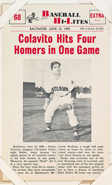 Rocky Colavito #68 from Nu-Card Baseball Hi-Lites series (W460), Nu-Card, Inc., Commercial photolithograph 