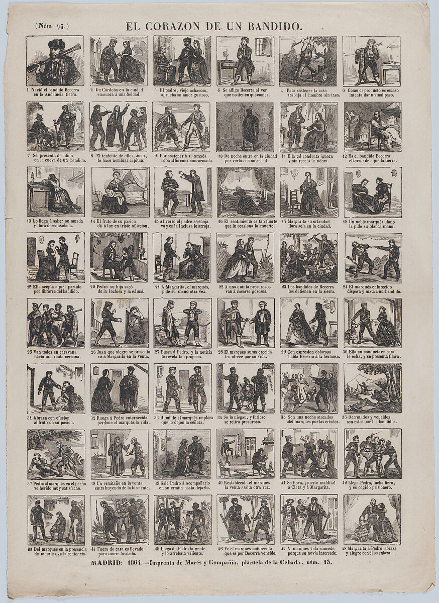 Broadside with 48 scenes relating to the heart of the bandit, José María Marés (Spanish, active ca. 1850–70), Wood engraving 
