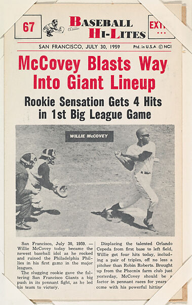 Willie McCovey #67 from Nu-Card Baseball Hi-Lites series (W460), Nu-Card, Inc., Commercial photolithograph 