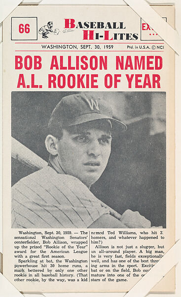 Bob Allison #66 from Nu-Card Baseball Hi-Lites series (W460), Nu-Card, Inc., Commercial photolithograph 