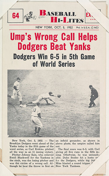 Ump's Wrong Call #64 from Nu-Card Baseball Hi-Lites series (W460), Nu-Card, Inc., Commercial photolithograph 