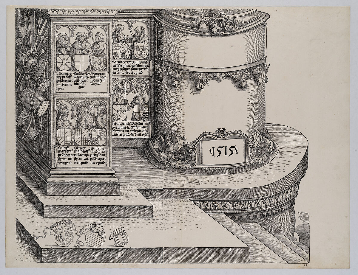 Portraits of Maximilian's Relatives; and The Base of the Right Outer Column with the Date 1515, from the Arch of Honor, proof, dated 1515, printed 1517-18, Albrecht Altdorfer (German, Regensburg ca. 1480–1538 Regensburg), Woodcut and letterpress 