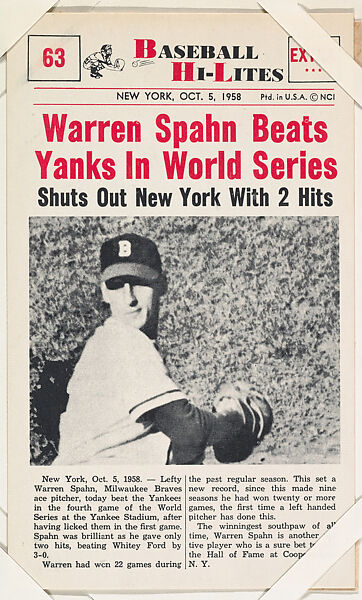 Warren Spahn #63 from Nu-Card Baseball Hi-Lites series (W460), Nu-Card, Inc., Commercial photolithograph 