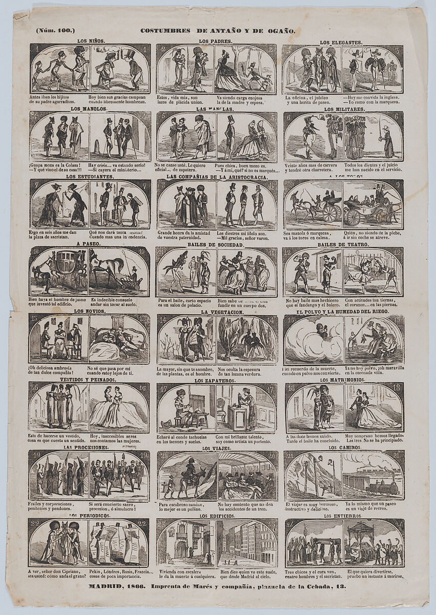 Broadside with 48 (24 pairs) scenes contrasting Spanish customs past and present, José María Marés (Spanish, active ca. 1850–70), Wood engraving 