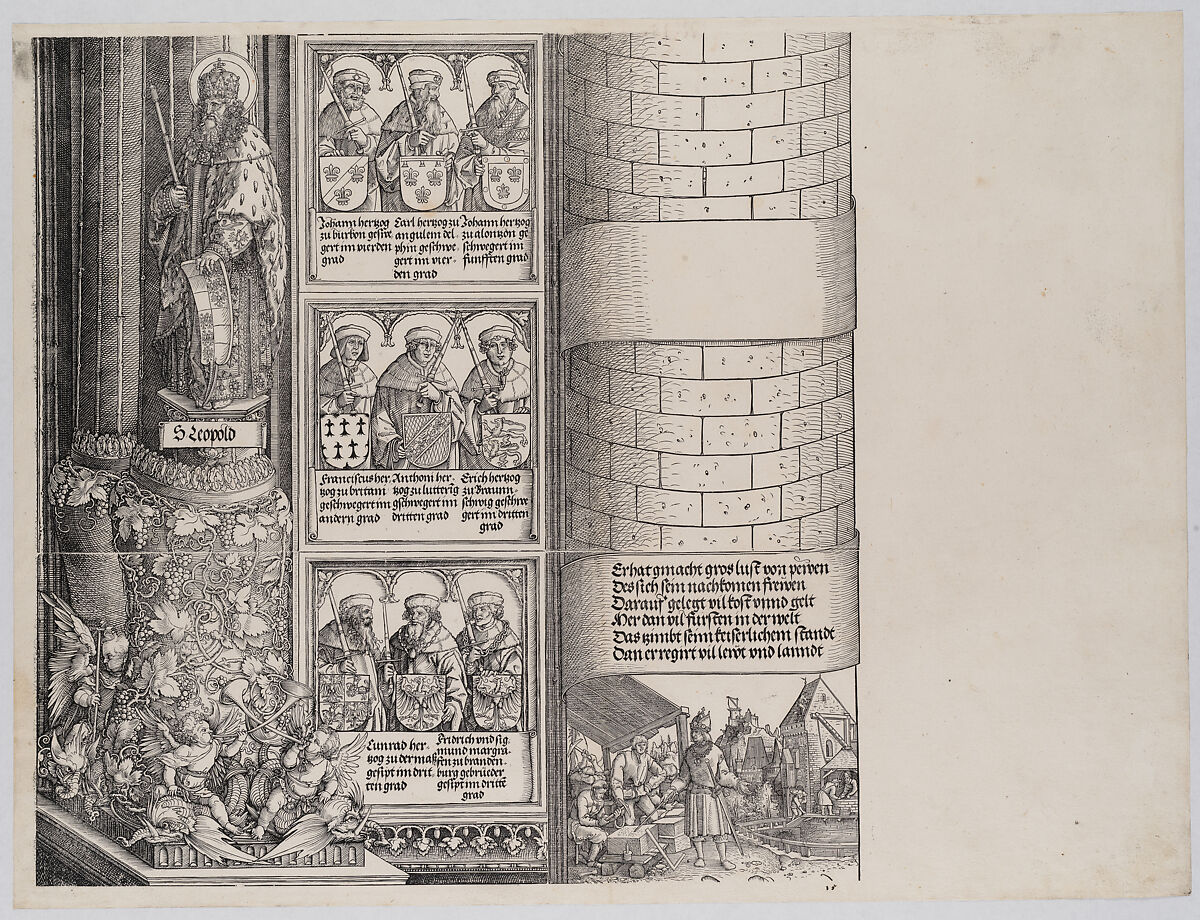 Maximilian as Architect; with a Statue of St. Leopold; and Busts of Maximilian's Ancestors and Relatives, from the Arch of Honor, proof, dated 1515, printed 1517-18, Albrecht Dürer (German, Nuremberg 1471–1528 Nuremberg), Woodcut and letterpress 