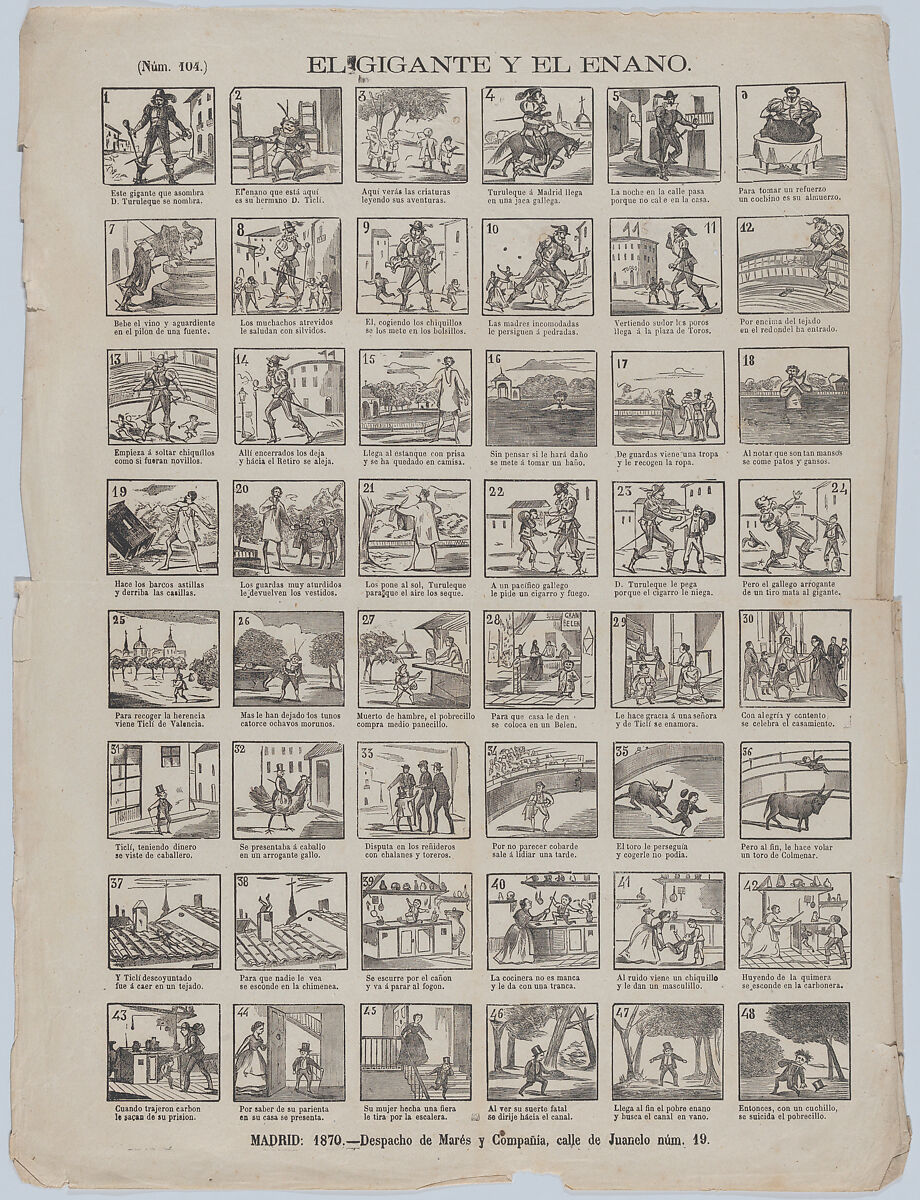 Broadside with 48 scenes relating to the giant and the dwarf, José María Marés (Spanish, active ca. 1850–70), Wood engraving 