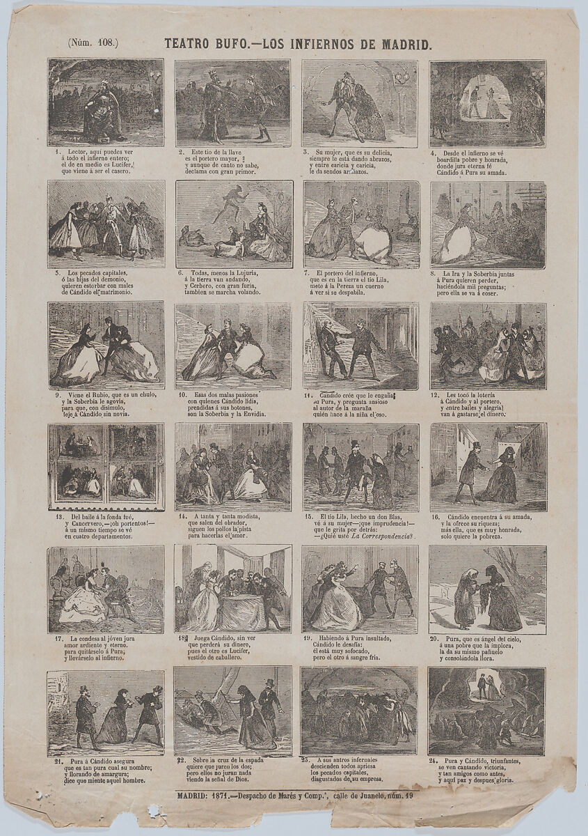 Broadside with 48 scenes relating to zarzuela(?) 'los infiernos de Madrid', José María Marés (Spanish, active ca. 1850–70), Wood engraving 