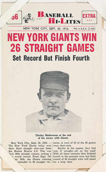 New York Giants Win #56 from Nu-Card Baseball Hi-Lites series (W460), Nu-Card, Inc., Commercial photolithograph 
