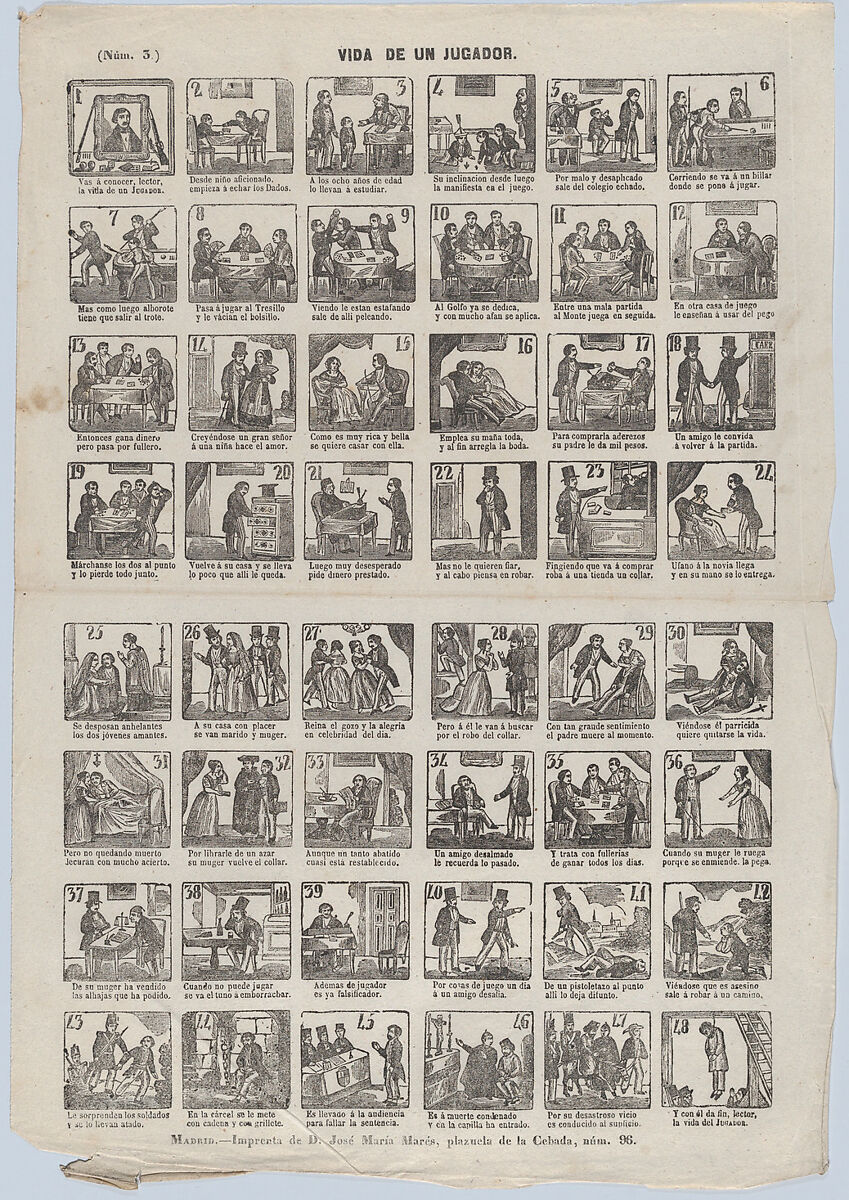 Broadside with 48 scenes depicting the life of a charlatan (player), José María Marés (Spanish, active ca. 1850–70), Wood engraving 