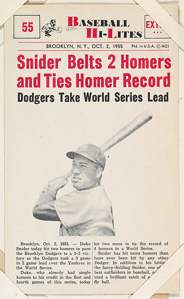 Duke Snider #55 from Nu-Card Baseball Hi-Lites series (W460), Nu-Card, Inc., Commercial photolithograph 